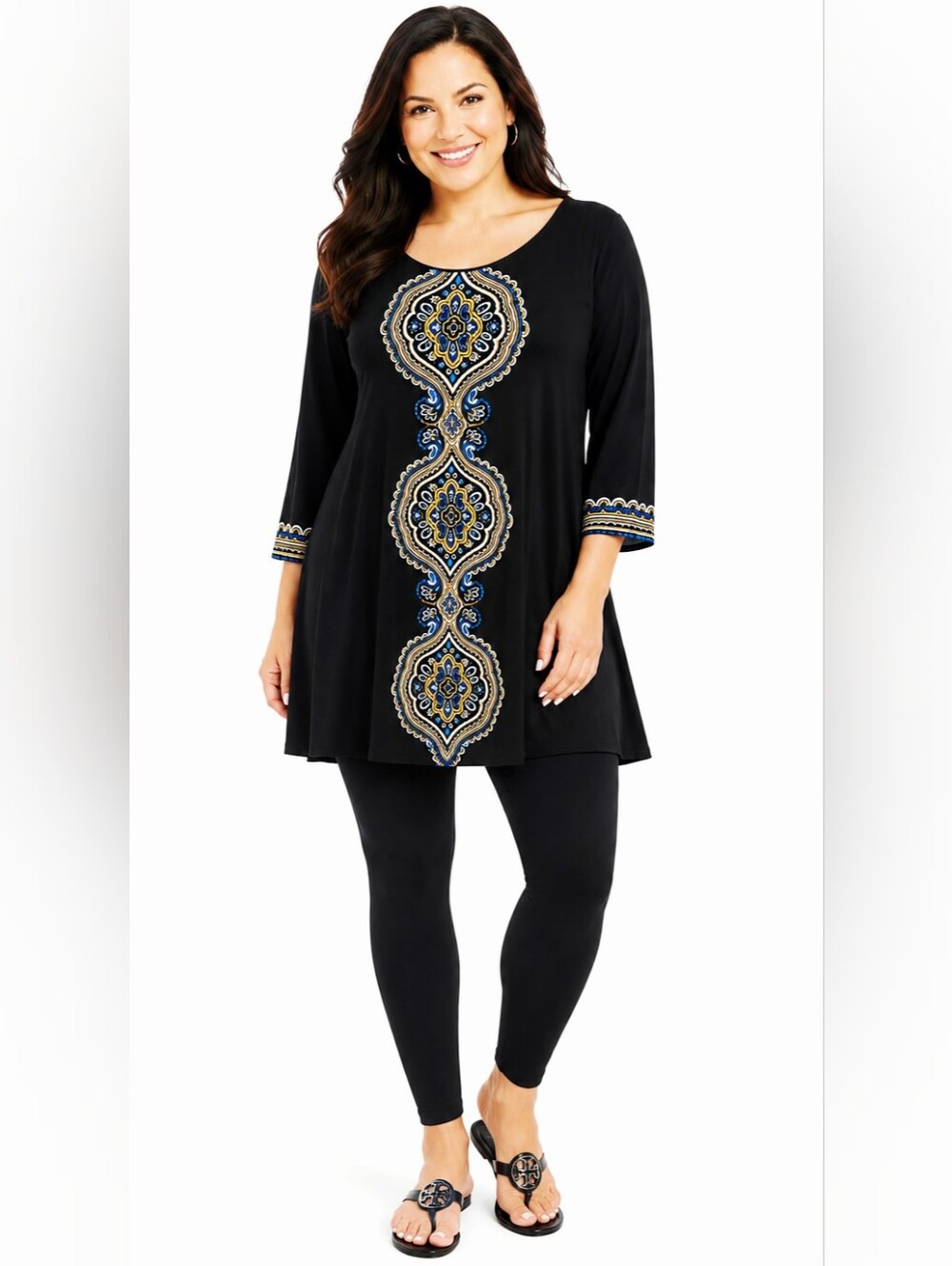JM Collection Black Tunic Top with Medallions Down the Center, Size Large